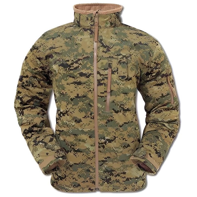 May include: A camouflage jacket in shades of green, brown, and black. The jacket features a full-length zipper, a stand-up collar, and multiple pockets. The sleeves have a zippered pocket on the upper arm. The jacket is designed for outdoor wear.