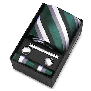 de Nesle - Emerald Green, Black & White Stripe Tie Set