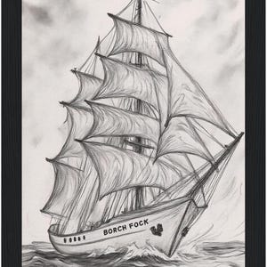 Puede incluir: Boceto a lápiz de un velero en el océano, enmarcado en negro. El barco, llamado "BORCH FOCK", tiene velas ondeantes y está representado en tonos grises y blancos, con olas oscuras.
