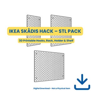 May include: An illustration of a 3D printable IKEA SKÅDIS HACK STL pack. The image shows several black and white pegboards with the text "IKEA SKÅDIS HACK - STL PACK" and "3D Printable Hooks, Rack, Holder & Shelf".