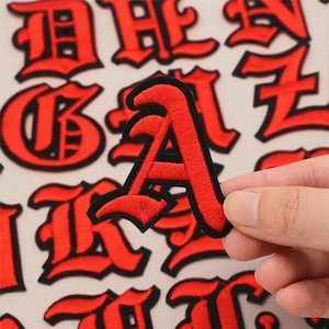 Red Alphabet Letter Patches – Embroidered A-Z Iron-On or Sew-On Applique – Custom Name Initial Patch for Jackets, Bags, Clothes & DIY Crafts