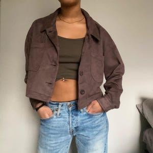 Womens Genuine Suede Leather Jacket | Brown Cropped Suede Jacket | Vintage 80s Suede Biker Jacket | Handmade Winter Jacket