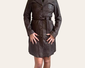 ヴィンテージブラウン本革トレンチコート｜70年代風ベルト付きアウター