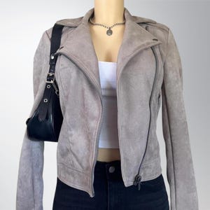 Women&#39;s Grey Suede Leather Jacket | Real Suede Biker Jacket | Vintage 70s Retro Ladies Jacket | Handmade Jacket