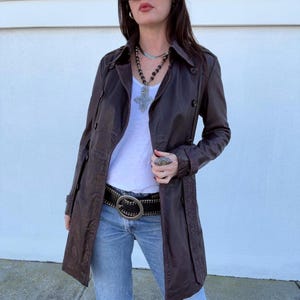 Womens Brown Long Leather Coat | 80s Vintage Brown Leather Trench Coat | Real Leather Classic Winter Coat