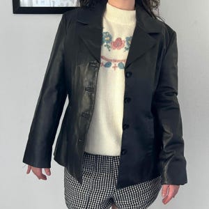Women Black Leather Blazer Jacket | Classic Sheepskin Leather Coat for Women | Vintage 90s Leather Blazer | Button Up Real Leather Jacket |
