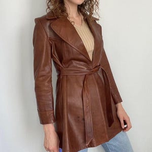 70s Vintage Brown Leather Coat | Women’s Long Trench Coat | Handmade Retro Real Leather Winter Coat