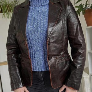 Women&#39;s Brown Real Leather Blazer | Vintage 90s Formal Leather Jacket | Genuine Sheep Leather Office Coat | Handmade Winter Jacket
