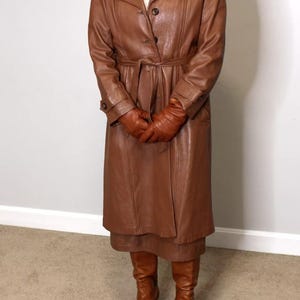 Women&#39;s Leather Long Coat | 1970s Vintage Brown Leather Trench Coat | Double Breasted Boho Style Winter Coat | Sheepskin Leather Coat