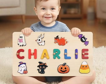 Tabuleiro de quebra-cabeça Montessori, presente personalizado para bebês, atividade sensorial, brinquedos de madeira para crianças, berçário com tema de Halloween, presente de aniversário para crianças