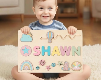 Quebra-cabeça personalizado com nome de arco-íris: brinquedo de madeira Montessori para crianças pequenas