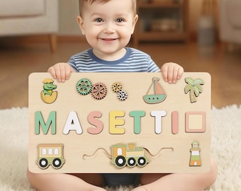 Quebra-cabeça de madeira personalizado com nome: brinquedo Montessori, presente de aniversário para bebê