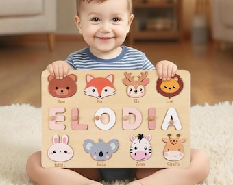 Quebra-cabeças personalizados com animais para aprender e brincar, quebra-cabeça de madeira personalizado com nome de bebê, tabuleiro de quebra-cabeça Montessori, presente de aniversário para crianças