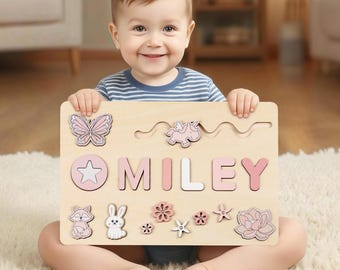 Quebra-cabeça personalizado com nome de borboleta rosa: brinquedo de madeira Montessori para presente