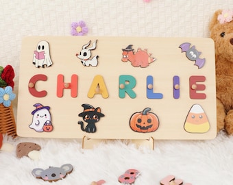Quebra-cabeça de madeira personalizado com nome de Halloween para meninos e meninas, brinquedo Montessori infantil, presente de primeiro aniversário, brinquedo quebra-cabeça para crianças pequenas, presente de chá de bebê