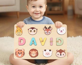 Quebra-cabeças personalizados de animais fofos para aprender e brincar, quebra-cabeça de madeira personalizado com nome de bebê, tabuleiro de quebra-cabeça Montessori, presente para crianças