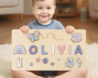 Quebra-cabeça de madeira personalizado com nome: brinquedo sensorial Montessori, presente para recém-nascidos