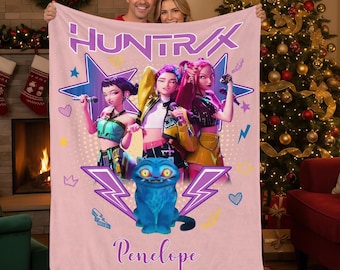 Manta personalizada Huntrix para meninas, manta personalizada Kpop Demon Hunter, manta infantil de flanela com nome, manta para as festas de inverno, presente de Natal