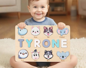 Quebra-cabeça de madeira personalizado com nomes de animais: presente Montessori para crianças