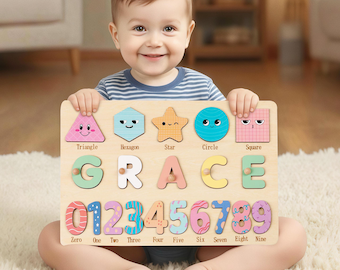 Quebra-cabeça personalizado com nome, números e formas personalizados, quebra-cabeças de madeira, tabuleiro de quebra-cabeça Montessori, presente para crianças
