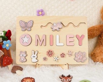 Quebra-cabeça de nome personalizado feito à mão com borboleta, coelho, unicórnio para menina, presente de aniversário personalizado para crianças, presentes de Natal para crianças pequenas
