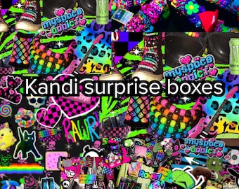 May include: A vibrant collage featuring the text "Kandi surprise boxes." The image showcases a variety of colorful items, including boots, accessories, and plush toys, with a bold, neon color scheme. The overall aesthetic is reminiscent of rave culture.