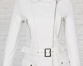 Nueva chaqueta de cuero para mujer con dos bolsillos de parche, 100 % piel de cordero auténtica, informal, de corte entallado.