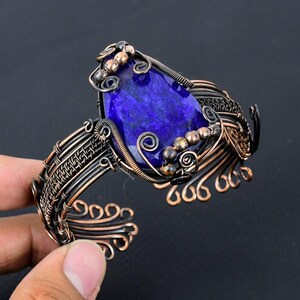 Luxury Blue Sapphire Cuff Bracelet | Oxidized Copper Wire Wrapped Gemstone Jewelry | Elegant Artisan Statement Bangle for Her