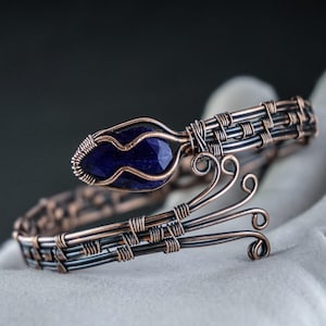 Luxury Handcrafted Blue Sapphire Snake-Inspired Copper Wire Wrapped Cuff Bracelet | Oxidized Artisan Jewelry