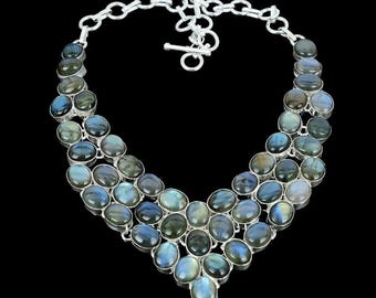 Labradorit Multi Stein Statement Halskette Blau Blitz Lätzchen Halskette Boho Edelstein Kragen Silber Halskette Labradorit Schmuck Geschenk für Frauen