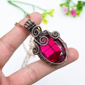 Ruby Copper Wire Wrapped Pendant Handmade Boho Crystal Pendant Gift for Her birthday chain necklace anniversary present gift for wedding