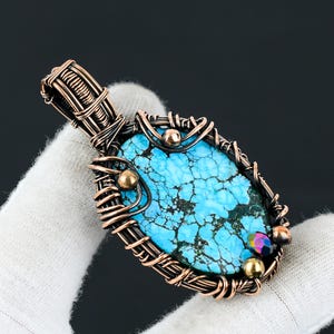 Handmade Turquoise Pendant Necklace: Copper Wire Wrapped Gemstone