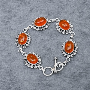 Amber Silver Bracelet Floral Link Bracelet Handmade Boho Jewelry Baltic Amber  Vintage Artisan Statement Bracelet Gift for Her