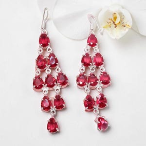 Ruby Red Crystal Chandelier Earrings, Silver Plated Long Drop Earrings, July Birthstone Gift for Her