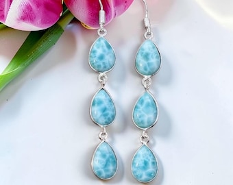 Larimar-Ohrringe, silberplattierte Tropfenohrringe, Schmuck mit echtem blauem Stein, Geburtstagsgeschenk für Sie