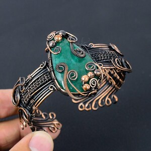 Luxury Green Sapphire Cuff Bracelet | Oxidized Copper Wire Wrapped Gemstone Jewelry | Elegant Artisan Boho Statement Bangle for Her