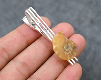 Pin de corbata de plata con fósil de amonita natural para hombre, clip de corbata único para hombre, barra de corbata con fósil, regalo de piedra, alfiler de corbata, accesorio de boda bohemio, regalo para él