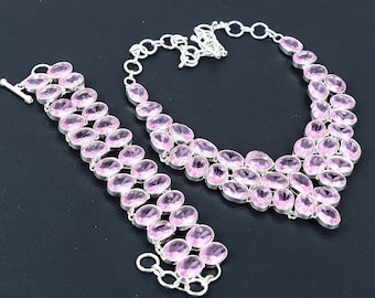 Rosa Kunzit Kette & Armband Set: Brautschmuck 925er Silber