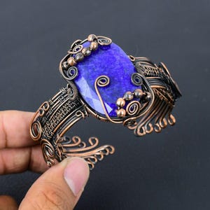 Luxury Blue Sapphire Cuff Bracelet | Oxidized Copper Wire Wrapped Gemstone Jewelry | Elegant Artisan Statement Bangle for Her