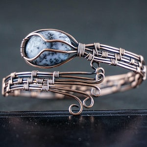 Dendritic Opal Copper Wire Wrapped Bangle Handmade Boho Bracelet for wife birthday present Unique Bracelet Witchy Jewelry Gift for Her