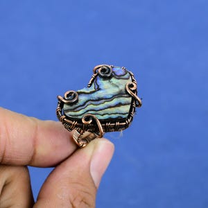 Abalone Shell Copper Wire Wrapped Ring Handmade Statement Ring Boho Gemstone Ring Wire Wrap Jewelry Adjustable Copper Ring Gift for Her