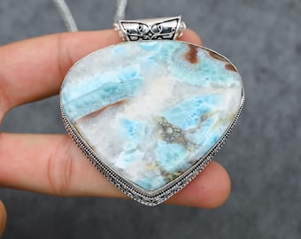Larimar Anhänger: Handgemachte grosse Silberkette mit plissiertem Edelstein | Geschenk für Sie