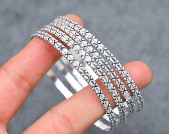 Silver Plated Oxidized Bangle Bracelet Set Engraved Antique Silver Bangle Ethnic Tribal Bracelet Stackable Bracelets for Women Gift for Her