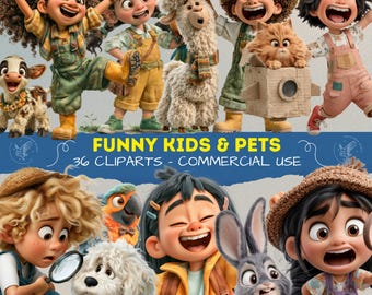 Funny Kids & Pets Clipart Bundle, Cute Children and Animal PNG, Watercolor Animal Cliparts for Scrapbooking, Junk Journal, Educational PNG