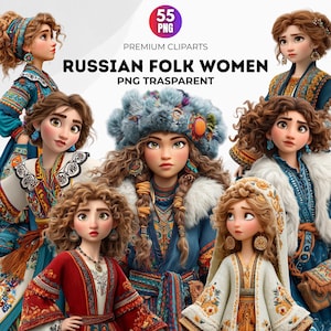 55 Folk Russian Women CLIPART in PNG format,  Commercial Use, Scrapbooking Print Digital Art, Russian traditional dress clipart