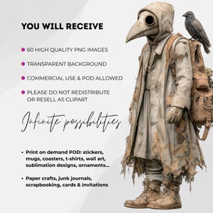 May include: Digital illustration of a figure in a plague doctor costume, complete with a long coat, beak-like mask, and a backpack. A raven perches on the figure's shoulder. Text includes "YOU WILL RECEIVE" and "Infinite possibilities".