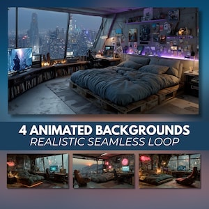 Puede incluir: Una escena de dormitorio futurista con una gran ventana con vistas a un paisaje urbano. La habitación cuenta con una cama hecha de palets de madera, un televisor grande y estanterías llenas de libros y decoración. Se muestra el texto "4 ANIMATED BACKGROUNDS REALISTIC SEAMLESS LOOP".