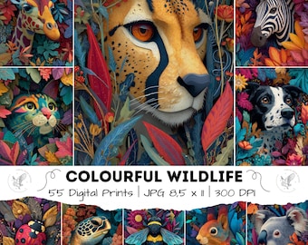 55 Colorful Wildlife Animals Nature Fantasy Folk Decor, Pop Animals Art Print, 300DPI Junk Journal Art, wall art images