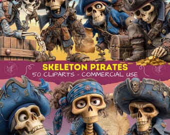 Undead Pirate Clipart Bundle – 3D Skeleton Pirates, Cute Fantasy Cartoon Characters – Fantasy Pirate PNG Pack – Scrapbooking Skeleton