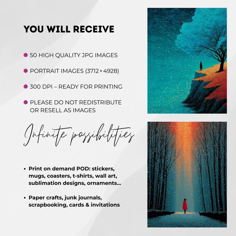 May include: The image features two landscape art prints. One depicts a person standing on a cliff with a blue tree. The other shows a person in a red coat on a path in a forest. Text includes "YOU WILL RECEIVE" and "Infinite possibilities".
